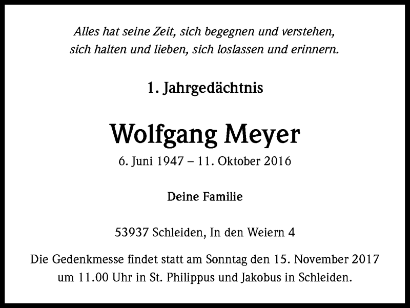  Traueranzeige für Wolfgang Meyer vom 11.10.2017 aus Kölner Stadt-Anzeiger / Kölnische Rundschau / Express