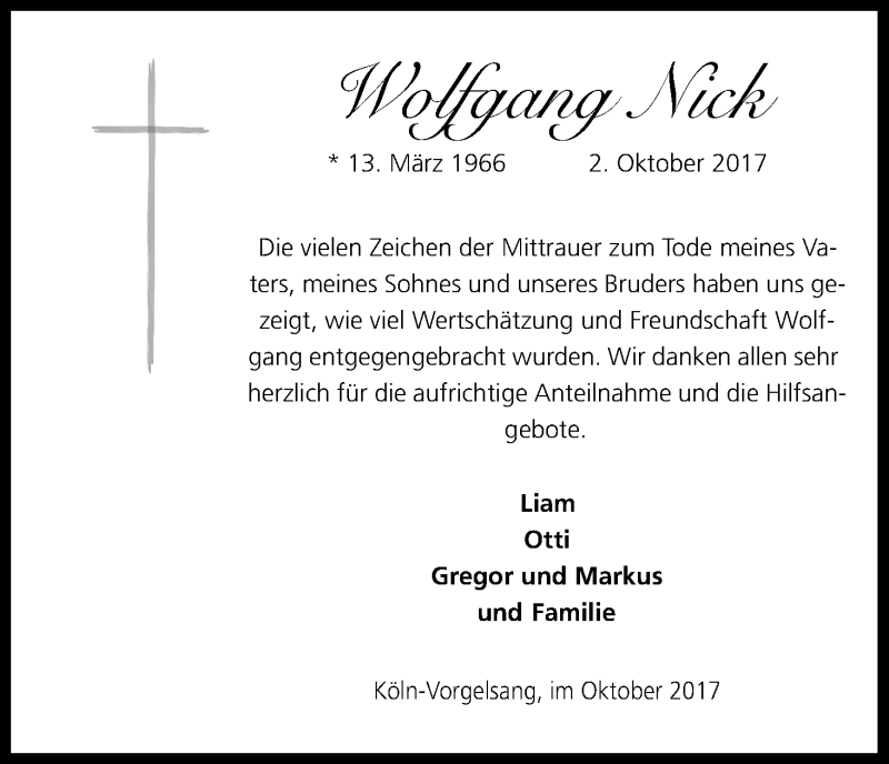  Traueranzeige für Wolfgang Nick vom 27.10.2017 aus Kölner Stadt-Anzeiger / Kölnische Rundschau / Express