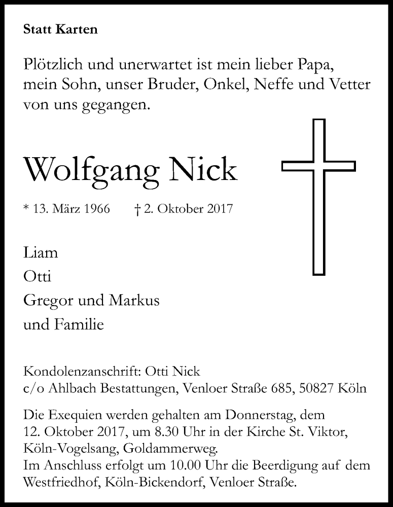  Traueranzeige für Wolfgang Nick vom 07.10.2017 aus Kölner Stadt-Anzeiger / Kölnische Rundschau / Express