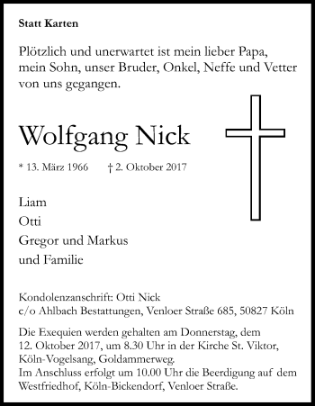 Anzeige von Wolfgang Nick von Kölner Stadt-Anzeiger / Kölnische Rundschau / Express