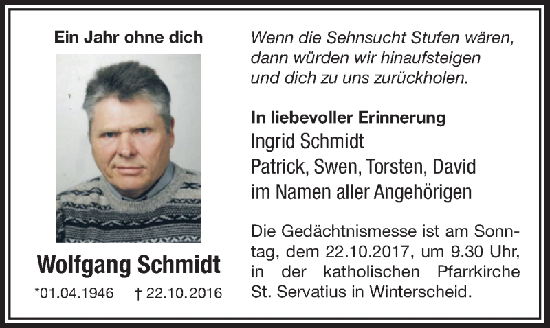  Traueranzeige für Wolfgang Schmidt vom 11.10.2017 aus  Extra Blatt 