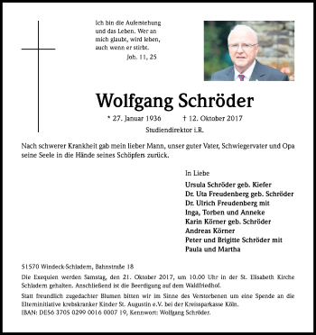 Anzeige von Wolfgang Schröder von Kölner Stadt-Anzeiger / Kölnische Rundschau / Express