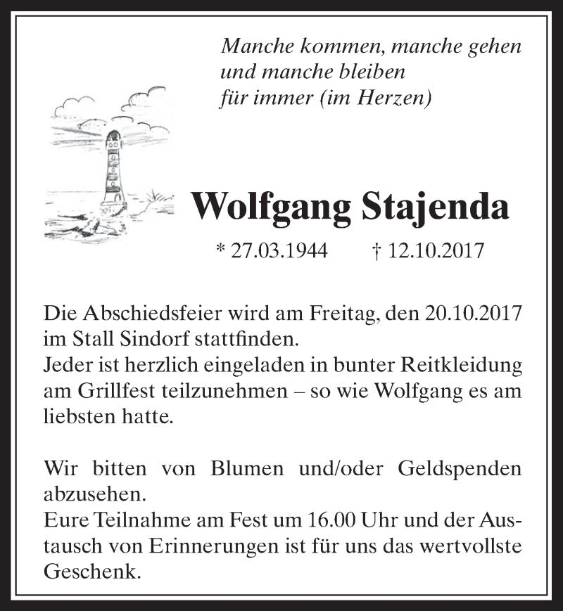  Traueranzeige für Wolfgang Stajenda vom 14.10.2017 aus  Sonntags-Post 
