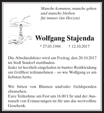 Anzeige von Wolfgang Stajenda von  Sonntags-Post 