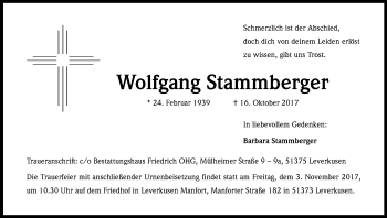 Anzeige von Wolfgang Stammberger von Kölner Stadt-Anzeiger / Kölnische Rundschau / Express