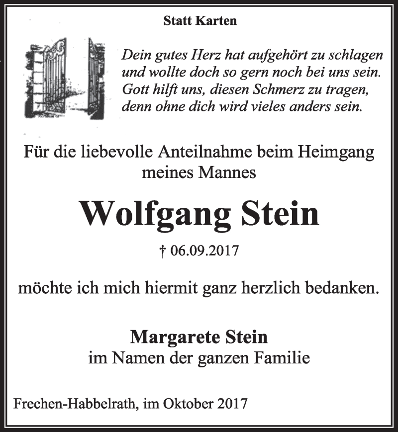  Traueranzeige für Wolfgang Stein vom 14.10.2017 aus  Sonntags-Post 