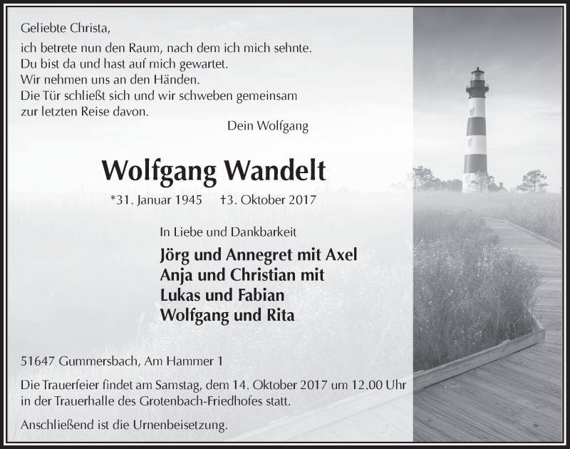  Traueranzeige für Wolfgang Wandelt vom 11.10.2017 aus  Anzeigen Echo 