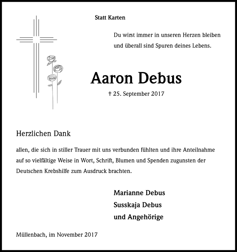  Traueranzeige für Aaron Debus vom 18.11.2017 aus Kölner Stadt-Anzeiger / Kölnische Rundschau / Express