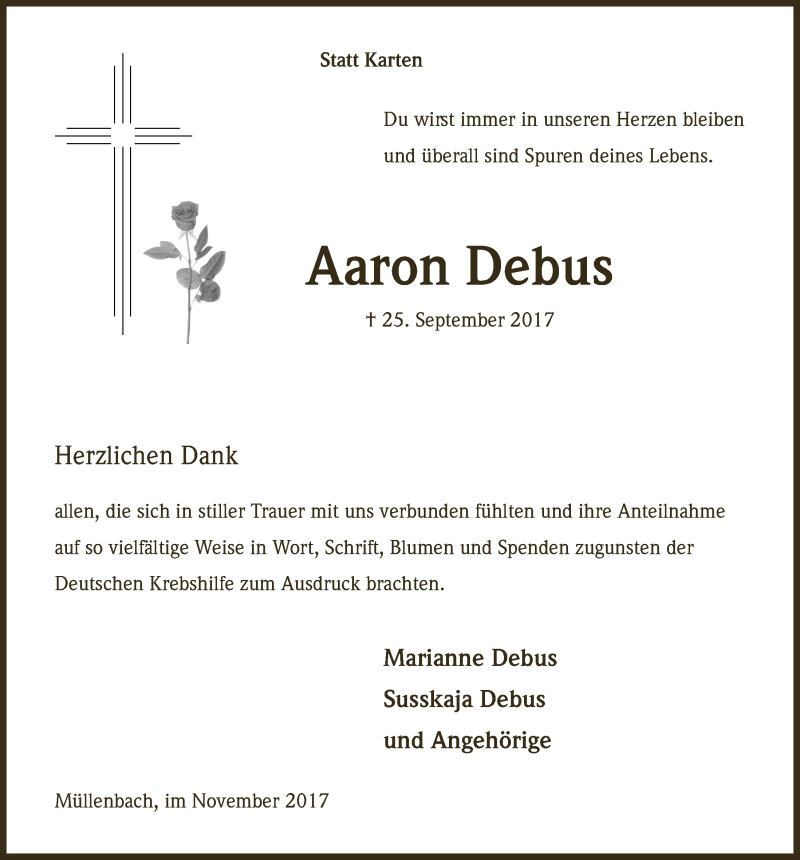  Traueranzeige für Aaron Debus vom 22.11.2017 aus  Anzeigen Echo 