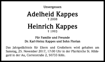Anzeige von Adelheid und Heinrich Kappes von Kölner Stadt-Anzeiger / Kölnische Rundschau / Express