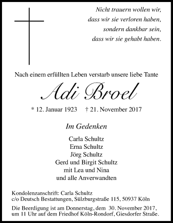 Anzeige von Adi Broel von Kölner Stadt-Anzeiger / Kölnische Rundschau / Express