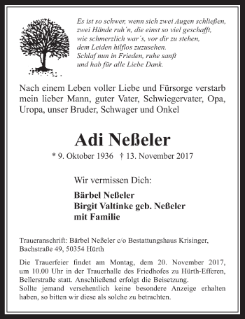 Anzeige von Adi Neßeler von  Sonntags-Post 