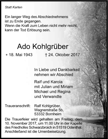 Anzeige von Ado Kohlgrüber von Kölner Stadt-Anzeiger / Kölnische Rundschau / Express