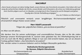 Anzeige von Adolf Lanzerath von  Blickpunkt Euskirchen 