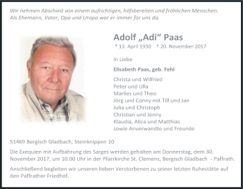 Anzeige von Adolf Paas von Kölner Stadt-Anzeiger / Kölnische Rundschau / Express
