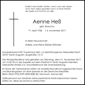 Anzeige von Aenne Heß von Kölner Stadt-Anzeiger / Kölnische Rundschau / Express