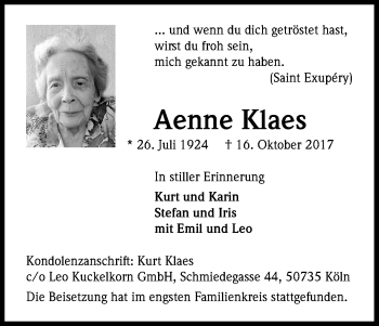 Anzeige von Aenne Klaes von Kölner Stadt-Anzeiger / Kölnische Rundschau / Express