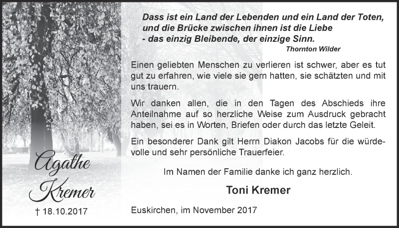  Traueranzeige für Agathe Kremer vom 18.11.2017 aus  Blickpunkt Euskirchen 