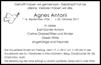 Anzeige von Agnes Antoni von Kölner Stadt-Anzeiger / Kölnische Rundschau / Express