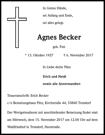 Anzeige von Agnes Becker von Kölner Stadt-Anzeiger / Kölnische Rundschau / Express