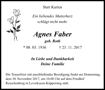 Anzeige von Agnes Faber von Kölner Stadt-Anzeiger / Kölnische Rundschau / Express