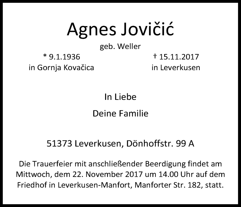  Traueranzeige für Agnes Jovicic vom 20.11.2017 aus Kölner Stadt-Anzeiger / Kölnische Rundschau / Express