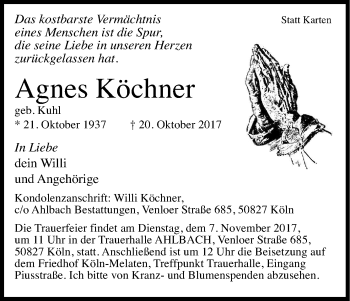 Anzeige von Agnes Köchner von Kölner Stadt-Anzeiger / Kölnische Rundschau / Express