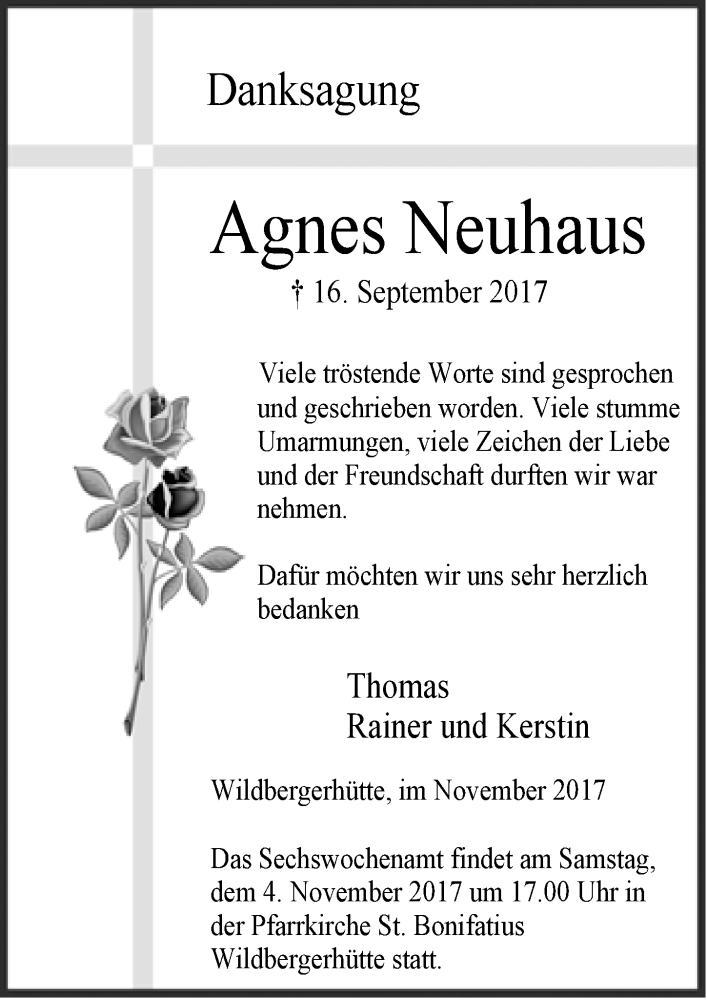  Traueranzeige für Agnes Neuhaus vom 02.11.2017 aus  Lokalanzeiger 