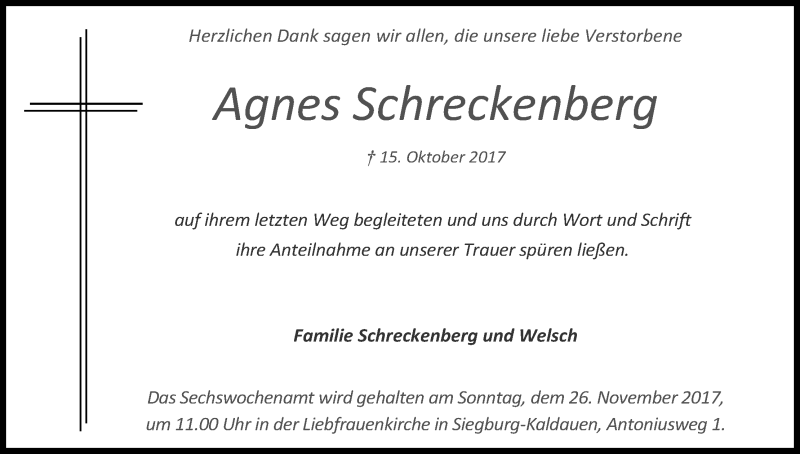  Traueranzeige für Agnes Schreckenberg vom 11.11.2017 aus Kölner Stadt-Anzeiger / Kölnische Rundschau / Express