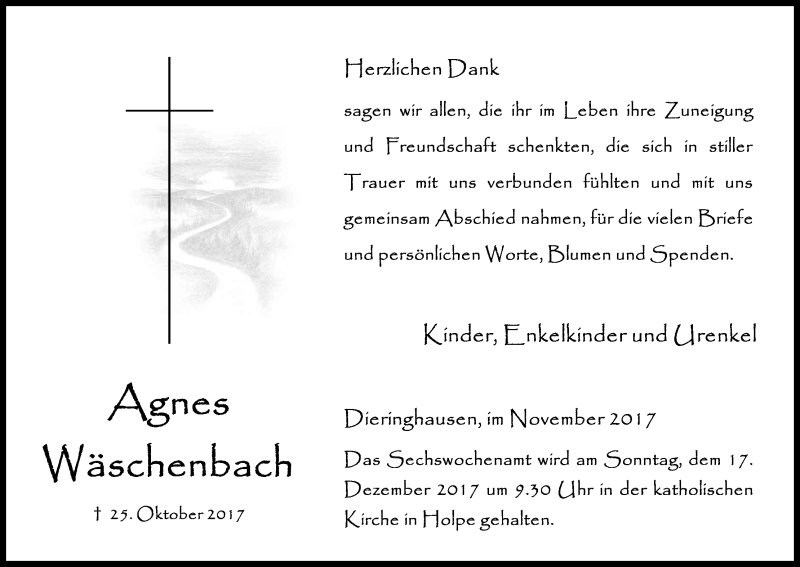  Traueranzeige für Agnes Wäschenbach vom 25.11.2017 aus Kölner Stadt-Anzeiger / Kölnische Rundschau / Express