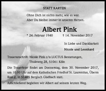 Anzeige von Albert Pink von Kölner Stadt-Anzeiger / Kölnische Rundschau / Express