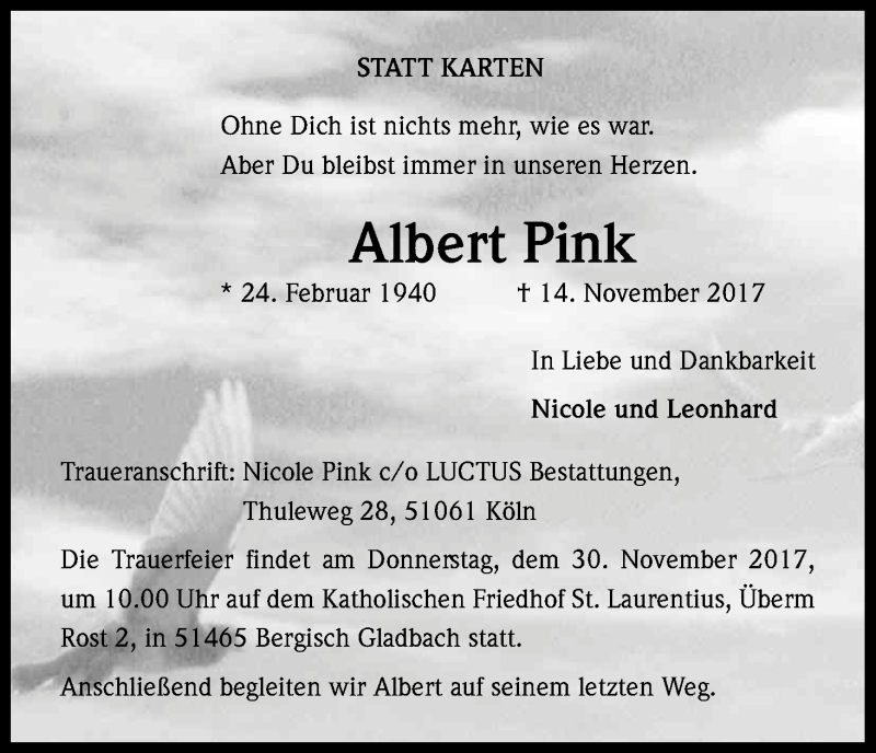  Traueranzeige für Albert Pink vom 18.11.2017 aus Kölner Stadt-Anzeiger / Kölnische Rundschau / Express