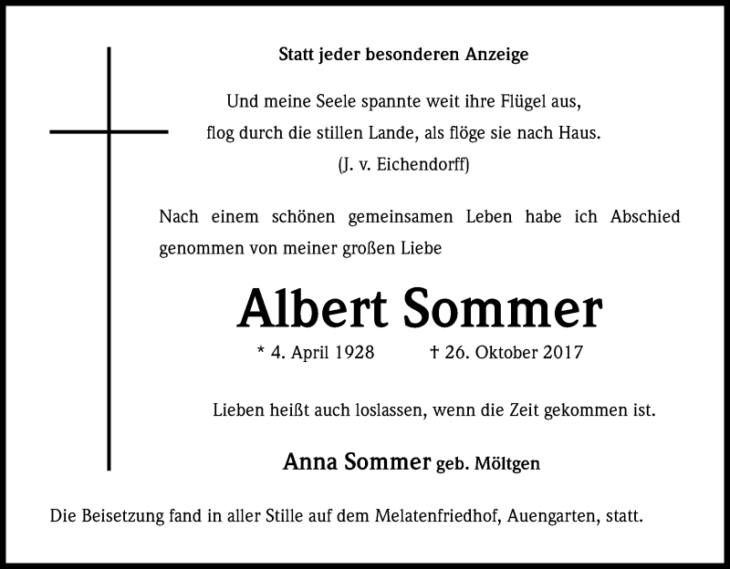  Traueranzeige für Albert Sommer vom 11.11.2017 aus Kölner Stadt-Anzeiger / Kölnische Rundschau / Express