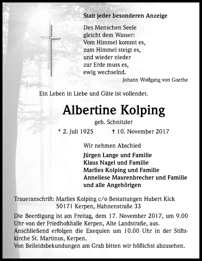  Traueranzeige für Albertine Kolping vom 15.11.2017 aus Kölner Stadt-Anzeiger / Kölnische Rundschau / Express
