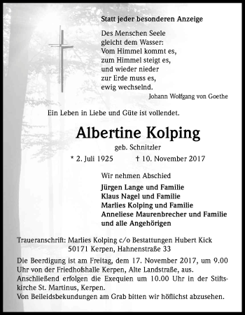 Anzeige von Albertine Kolping von Kölner Stadt-Anzeiger / Kölnische Rundschau / Express