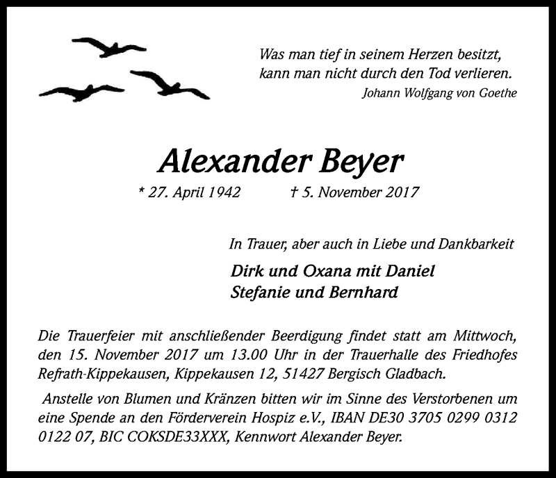  Traueranzeige für Alexander Beyer vom 11.11.2017 aus Kölner Stadt-Anzeiger / Kölnische Rundschau / Express