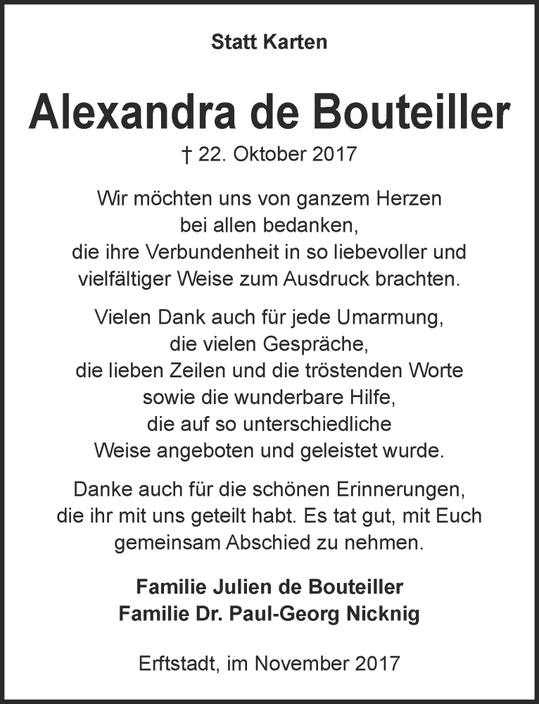  Traueranzeige für Alexandra de Bouteiller vom 22.11.2017 aus  Kölner Wochenspiegel 