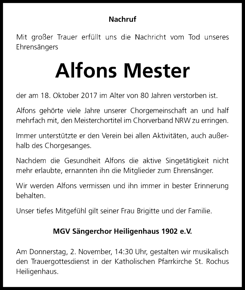  Traueranzeige für Alfons Mester vom 02.11.2017 aus Kölner Stadt-Anzeiger / Kölnische Rundschau / Express