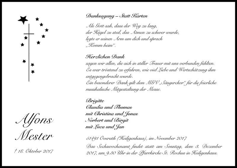  Traueranzeige für Alfons Mester vom 25.11.2017 aus Kölner Stadt-Anzeiger / Kölnische Rundschau / Express