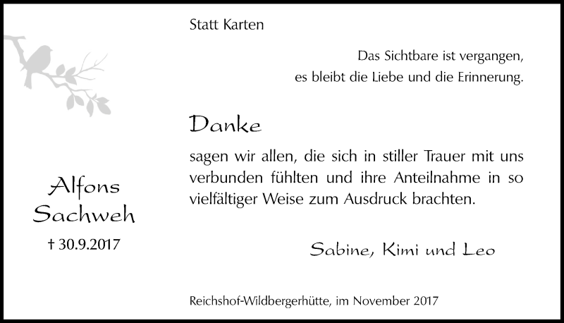  Traueranzeige für Alfons Sachweh vom 08.11.2017 aus  Lokalanzeiger 