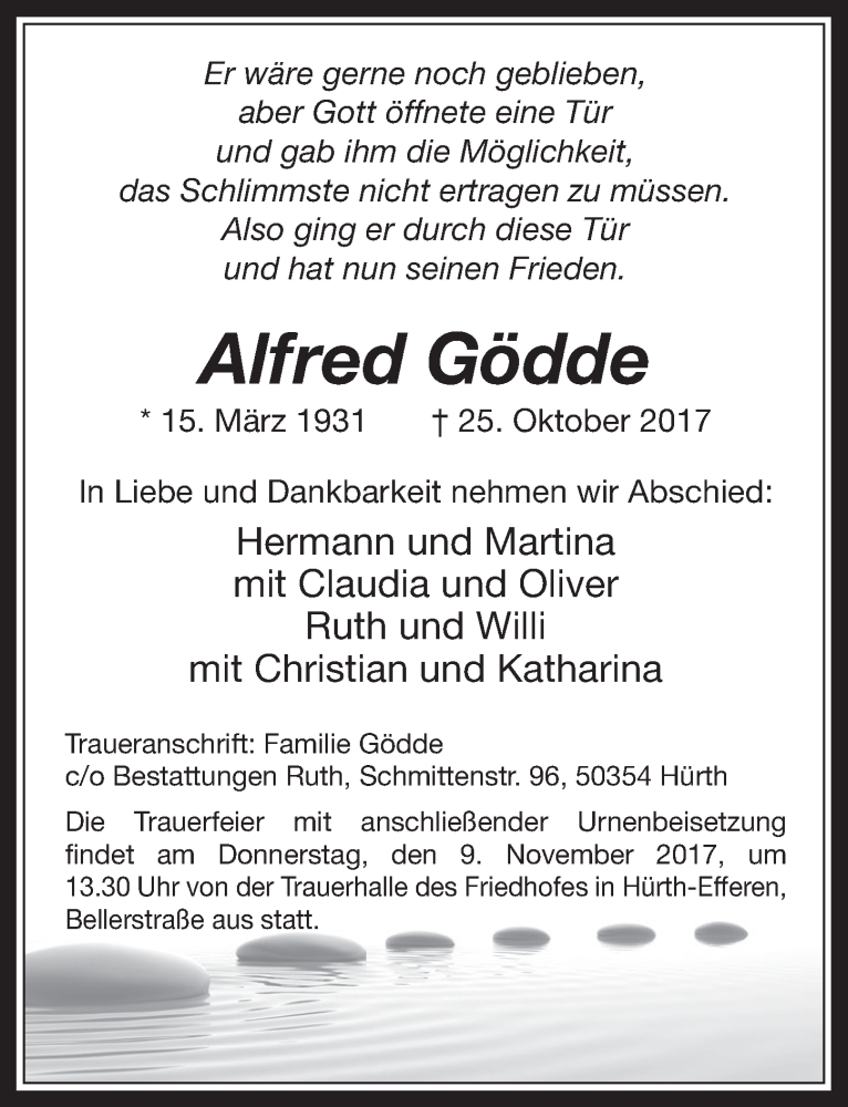  Traueranzeige für Alfred Gödde vom 02.11.2017 aus  Wochenende 