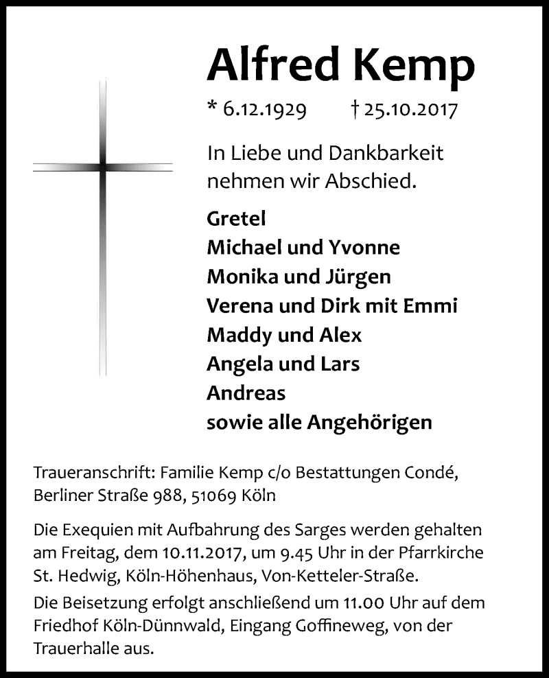  Traueranzeige für Alfred Kemp vom 04.11.2017 aus Kölner Stadt-Anzeiger / Kölnische Rundschau / Express