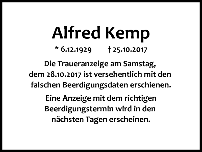  Traueranzeige für Alfred Kemp vom 02.11.2017 aus Kölner Stadt-Anzeiger / Kölnische Rundschau / Express