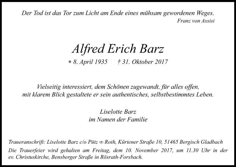  Traueranzeige für Alfred Erich Barz vom 07.11.2017 aus Kölner Stadt-Anzeiger / Kölnische Rundschau / Express