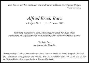 Anzeige von Alfred Erich Barz von Kölner Stadt-Anzeiger / Kölnische Rundschau / Express