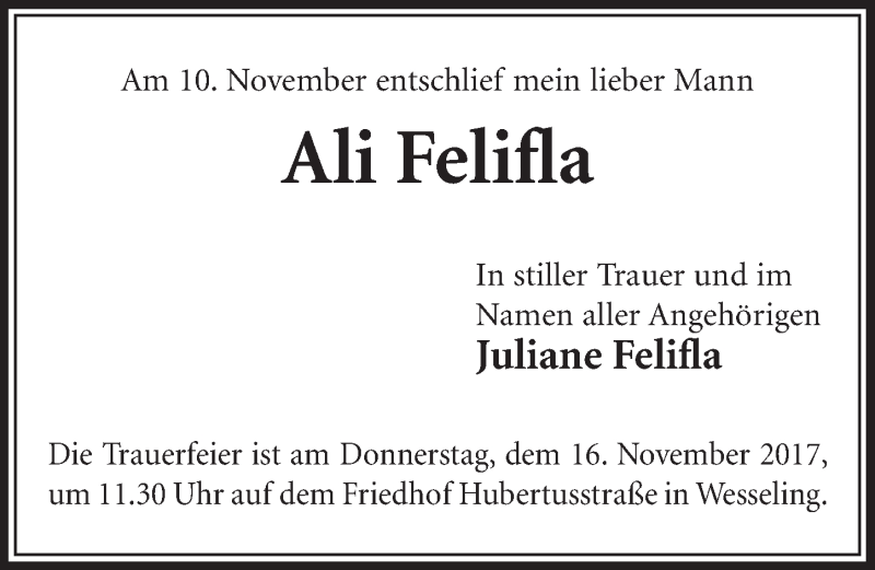  Traueranzeige für Ali Felifla vom 15.11.2017 aus  Schlossbote/Werbekurier 