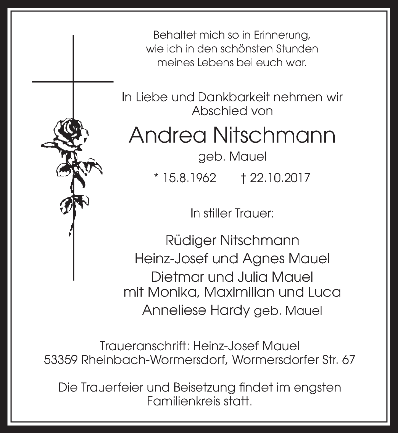  Traueranzeige für Andrea Nitschmann vom 02.11.2017 aus  Schaufenster/Blickpunkt 