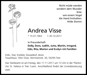 Anzeige von Andrea Visse von Kölner Stadt-Anzeiger / Kölnische Rundschau / Express