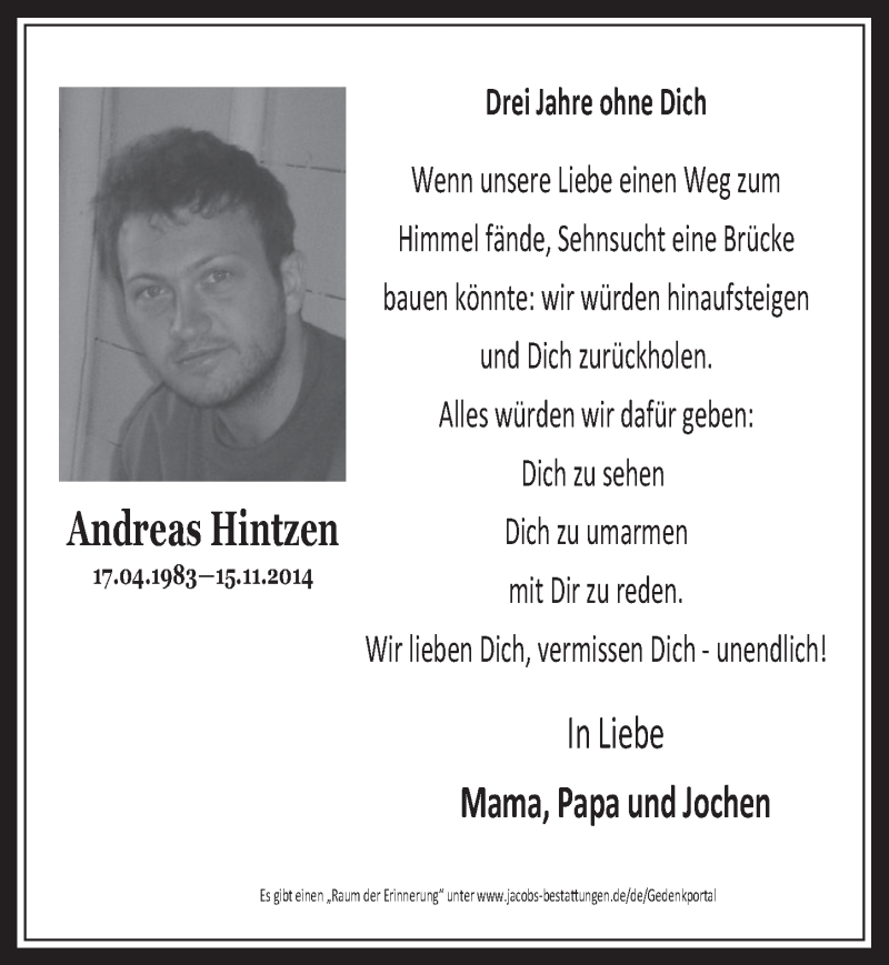  Traueranzeige für Andreas Hintzen vom 15.11.2017 aus  Werbepost 