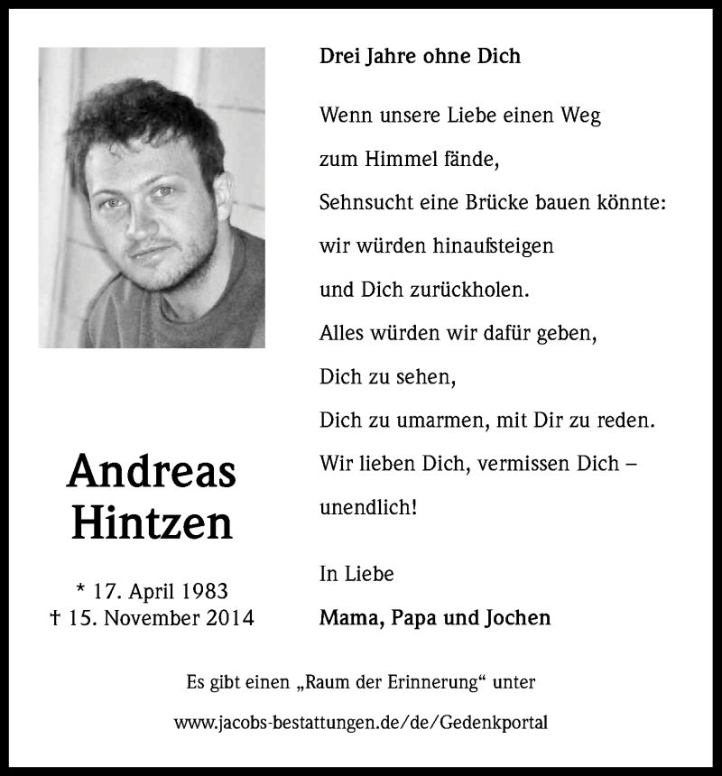  Traueranzeige für Andreas Hintzen vom 18.11.2017 aus Kölner Stadt-Anzeiger / Kölnische Rundschau / Express